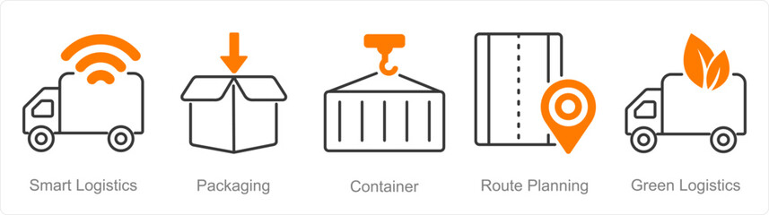 A set of 5 Logistics icons as smart logistics, packaging, container