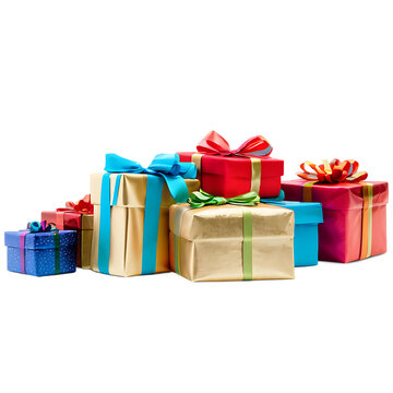 Stacks of colorful wrapped holiday presents with bows, isolated on transparent background Transparent Background Images 