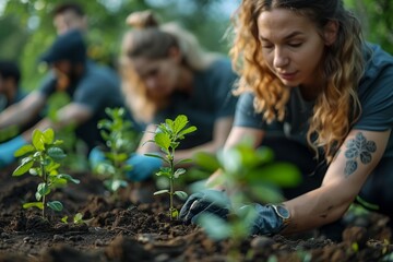 Fototapeta premium Community volunteers unite, planting trees in the park, nurturing greenery, fostering environmental stewardship together