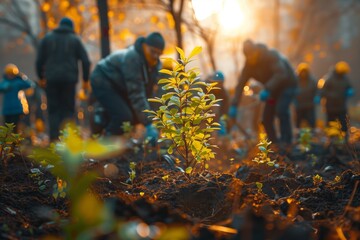 Community volunteers unite, planting trees in the park, nurturing greenery, fostering environmental stewardship together
