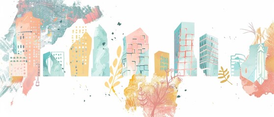 A modern illustration with collage elements of houses in halftone style. Skyscrapers cut out from magazines and colorful doodles.