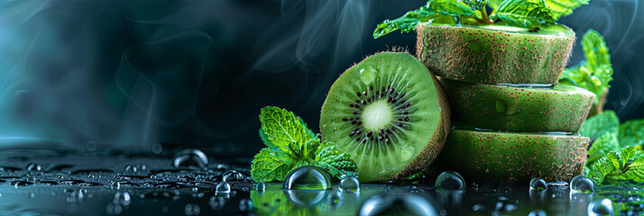 kiwi fruit slices with leaves and water drops, generative AI - obrazy, fototapety, plakaty
