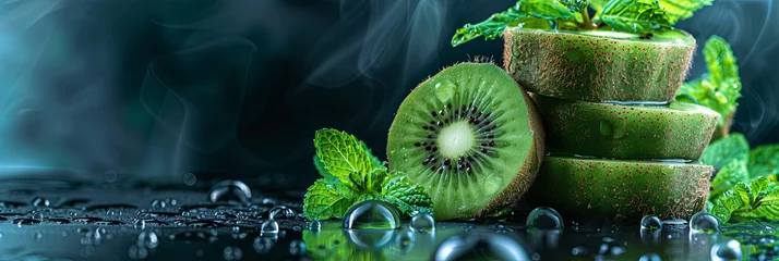 Foto op Plexiglas kiwi fruit slices with leaves and water drops, generative AI © VALUEINVESTOR