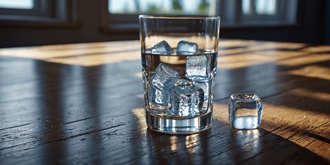 Clear Glass with Water on Wooden . A clear glass filled with water and ice cubes sits on a worn wooden table. There are droplets of water condensation on the outside of the glass. - obrazy, fototapety, plakaty