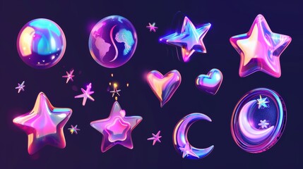 A futuristic y2k illustration with 3d chrome stars and planets. The three dimensional modern image includes falling stars, planets, bling, spark, moon, and hearts. - obrazy, fototapety, plakaty