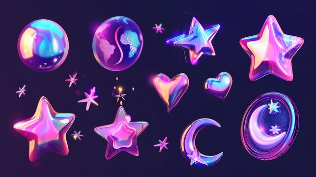A futuristic y2k illustration with 3d chrome stars and planets. The three dimensional modern image includes falling stars, planets, bling, spark, moon, and hearts.