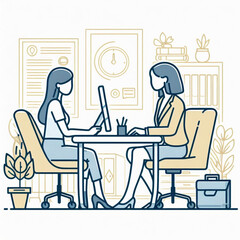 a girl meeting with her office, minimal design, outline with solid fill color, background white vector illustration line art 3