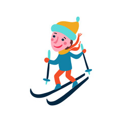 Cartoon skier guy, Kid skiing, cute little boy character in motion isolated on white background, vector flat illustration, winter sport downhill, Mountain skiing sportsman with scarf, hat, ski suit