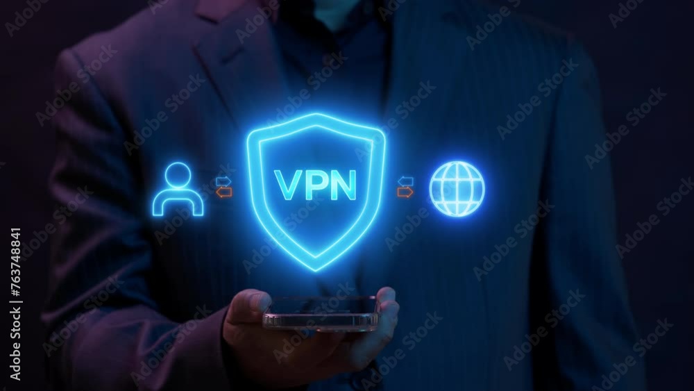 Wall mural vpn, virtual private network protocol concept. businessman using smartphone to show glowing neon lin