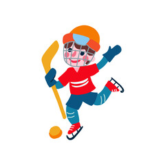 Little cartoon hockey player, Kid cute boy character in motion isolated on white background, vector flat illustration, winter sport, sportsman with suit, hockey stick, puck, helmet for design