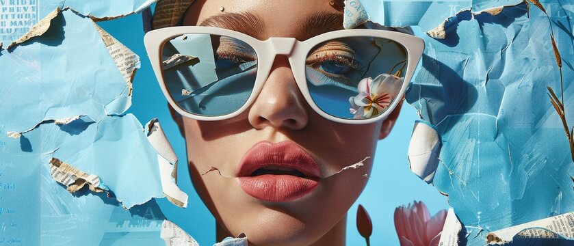 Modern art collage, summer mood. Sunglasses, female mouths, and lips on blue. Copy space for copy and text. Conceptual bright art collage. Party time, holidays, fun concept.