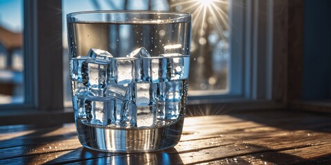 Clear Glass with Water on Wooden . A clear glass filled with water and ice cubes sits on a worn wooden table. There are droplets of water condensation on the outside of the glass. - obrazy, fototapety, plakaty