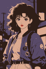 90's anime style, ultra detailed illustration of a beautiful adult woman with messy hair wearing 1990 clothing, woman illustration, vector art, manga style, beautiful anime girl 
