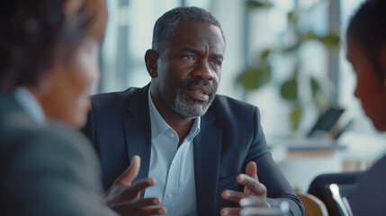 African American business man, 50 years old, gesturing as he shares ideas with other people. Conveying professional interaction within a corporate setting - obrazy, fototapety, plakaty