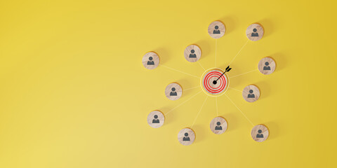Conceptual target and network illustration with icons on a vivid yellow background.