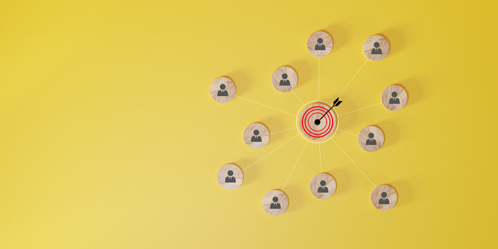 Conceptual target and network illustration with icons on a vivid yellow background.