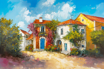 Fototapeta na wymiar Oil painting of yellow village house with trees and flowers. Sunny day atmosphere