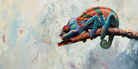 A colorful chameleon sits on a branch . Oil painting. Banner, copy space © bit24