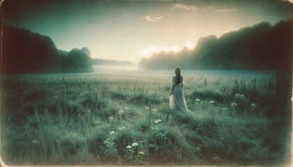 Ethereal scene of a solitary woman standing in a misty field with wildflowers, enveloped by the tranquil haze of twilight. - obrazy, fototapety, plakaty