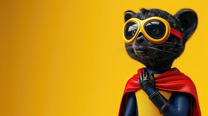 Raccoon in hero attire with goggles and cape on yellow.