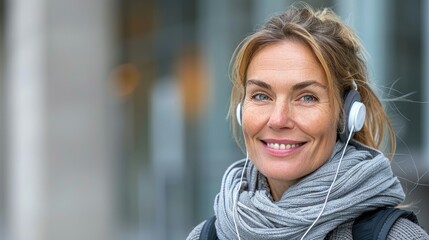 Fototapeta premium Mature woman with headphones smiling in urban setting.