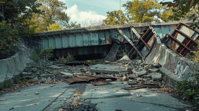 The remnants of a broken bridge its twisted metal and crumbling concrete highlighting the fragility of the citys infrastructure.