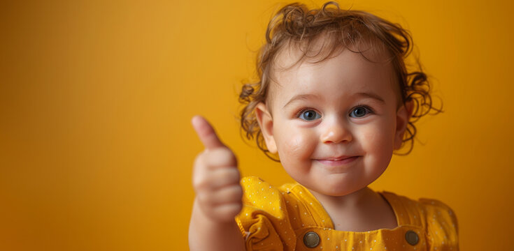 a toddler happy, big smiling broadly, giving a thumbs up on a studio background, half-shot free copy space