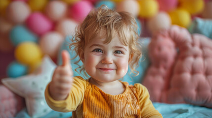 a toddler happy, big smiling broadly, giving a thumbs up on a studio background, half-shot free copy space