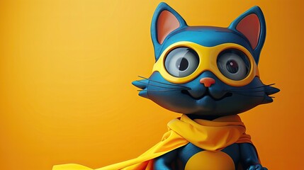 Fototapeta premium Blue animated cat superhero with cape and goggles on orange background.