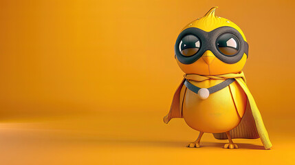 Animated bird superhero in yellow costume with goggles and cape.