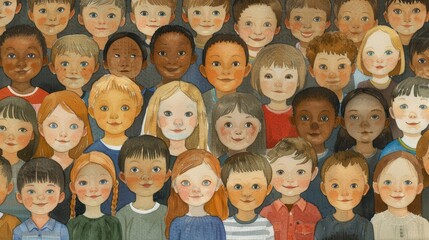 Watercolor illustration of children with various hair colors.