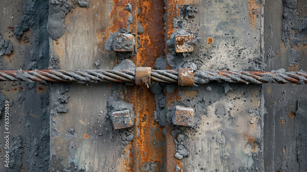 Poster detail of a reinforced concrete pillar with exposed steel reinforcement bars highlighting the potent