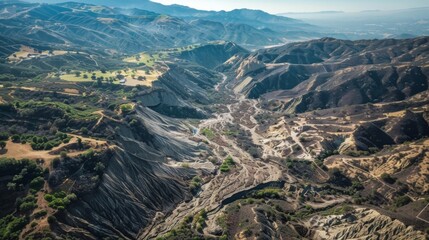 A dramatic aerial view of the mountainous terrain reveals the devastating aftermath of a series of mudslides with deep scars and altered landscapes.
