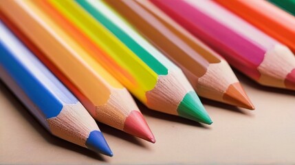 Obraz premium A close-up of a set of colored pencils, arranged in a row on a brown background. The pencils are in various colors and have pointed tips.