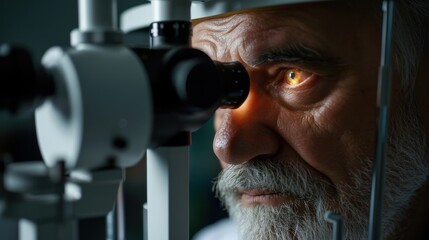 An elderly male doctor with a white beard looks into an eye test machine.