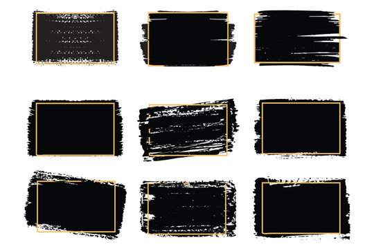 Hand drawn brush spots with frames. Ink brush strokes, black paint spot textured design element, background for text with gold square border.