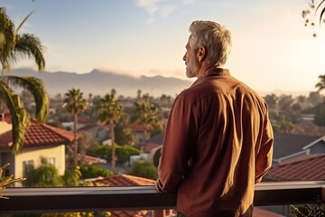 Fototapeta na wymiar American senior man enjoying the view while standing on the terrace at home. retirement senior lifestyle and living concept 