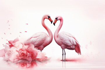 two flamingos are standing in front of roses and roses