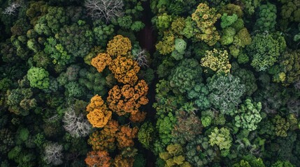 Naklejka premium A dense forest with wilted and brown foliage before the atmospheric river compared to the same forest after the rains now teeming with life and vibrant shades of green.