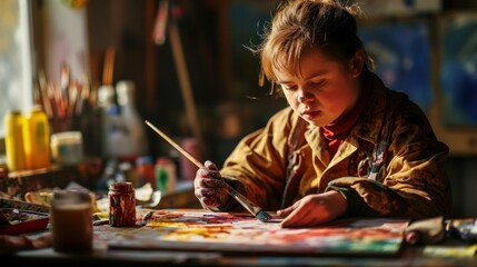 A woman with Down syndrome is sitting at a table, painting on a canvas with a paintbrush in her hand. The room is filled with paintbrushes and jars of paint. - Powered by Adobe
