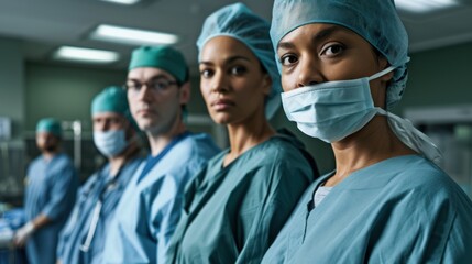 A group of surgeons in scrubs and masks stand in a hospital hallway, looking serious and focused. - obrazy, fototapety, plakaty
