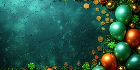 Festive banner with irish balloons, clover and gold coins on green background