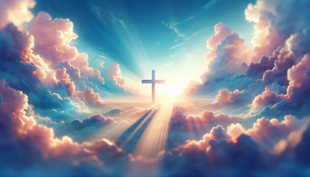 A serene and inspirational background with the sky, clouds, and sun rays, featuring a Christian cross - Generative AI
