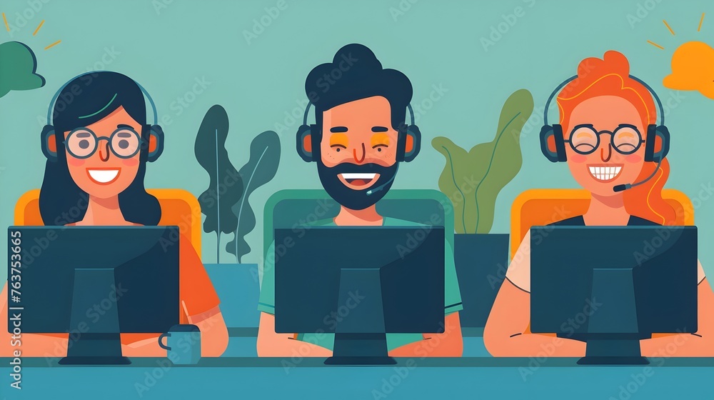 Poster diverse customer service team solving problems and providing satisfaction through digital and commun
