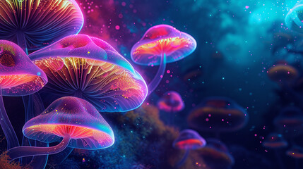 Neon, glowing, magic mushrooms background