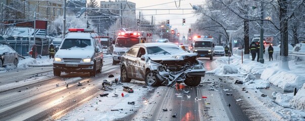 Emergency situation on the snowy city road: emergency vehicle in action