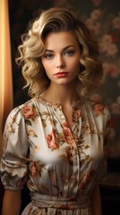 A beautiful blonde woman with blue eyes and red lipstick, wearing a floral dress, poses for a portrait in a room with floral wallpaper.