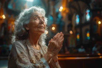 Foto auf Leinwand Elderly woman in prayer pose in catholic church, hands raised to light © ЮРИЙ ПОЗДНИКОВ