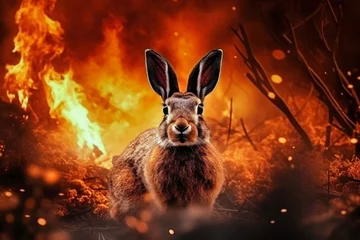Fotobehang A kangaroo is seen standing in front of a raging forest fire, symbolizing the struggle of animals escaping from environmental disasters © Anoo