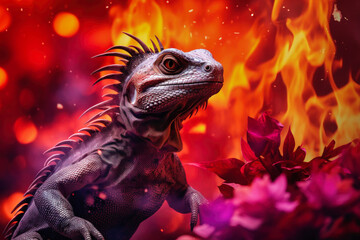 A close-up of a dinosaur near a fire in the forest, showcasing the urgency of escaping the environmental threat